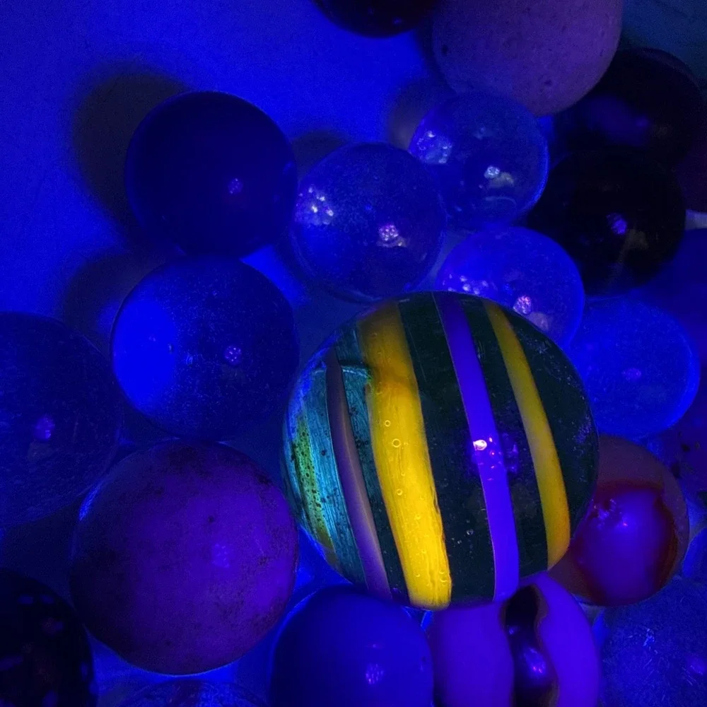 Lot Of Unique Vintage Marbles In Blue Mason Jar Some Glow- See Pics